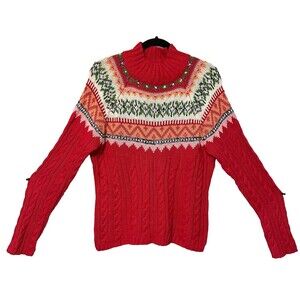 Villager Liz Claiborne Fair Isle Sweater‎ Womens XL Cable Knit Mock Neck Holiday